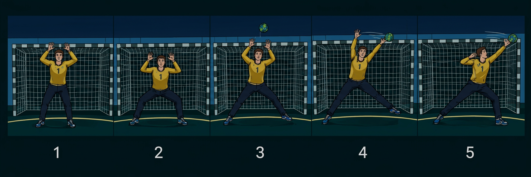 Fünf Bilder zeigen einen Handballtorwart in verschiedenen Positionen beim Abwehren eines Wurfs.